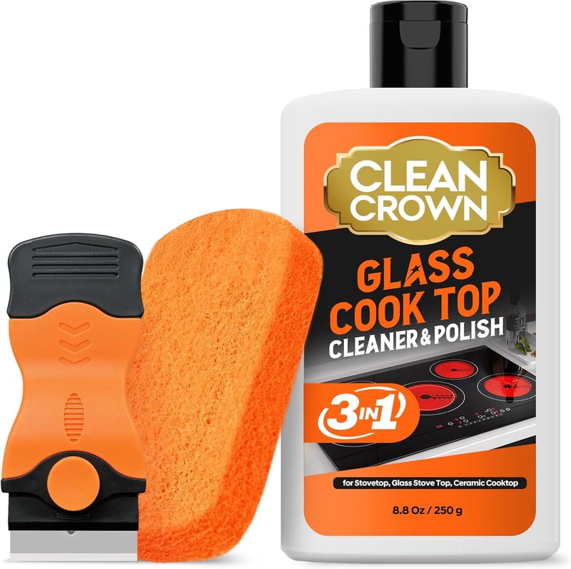 CleanCrown طقم منظف سطح الطهي 3 في 1 (8.8 أونصة منظف سطح الطهي + وسادة فرك + مكشطة) ، منظف سطح الطهي للموقد الكهربائي ، أسطح الطهي الخزفية وزجاج المدفأة ، يزيل الطعام المحترق والدهون - Image 1